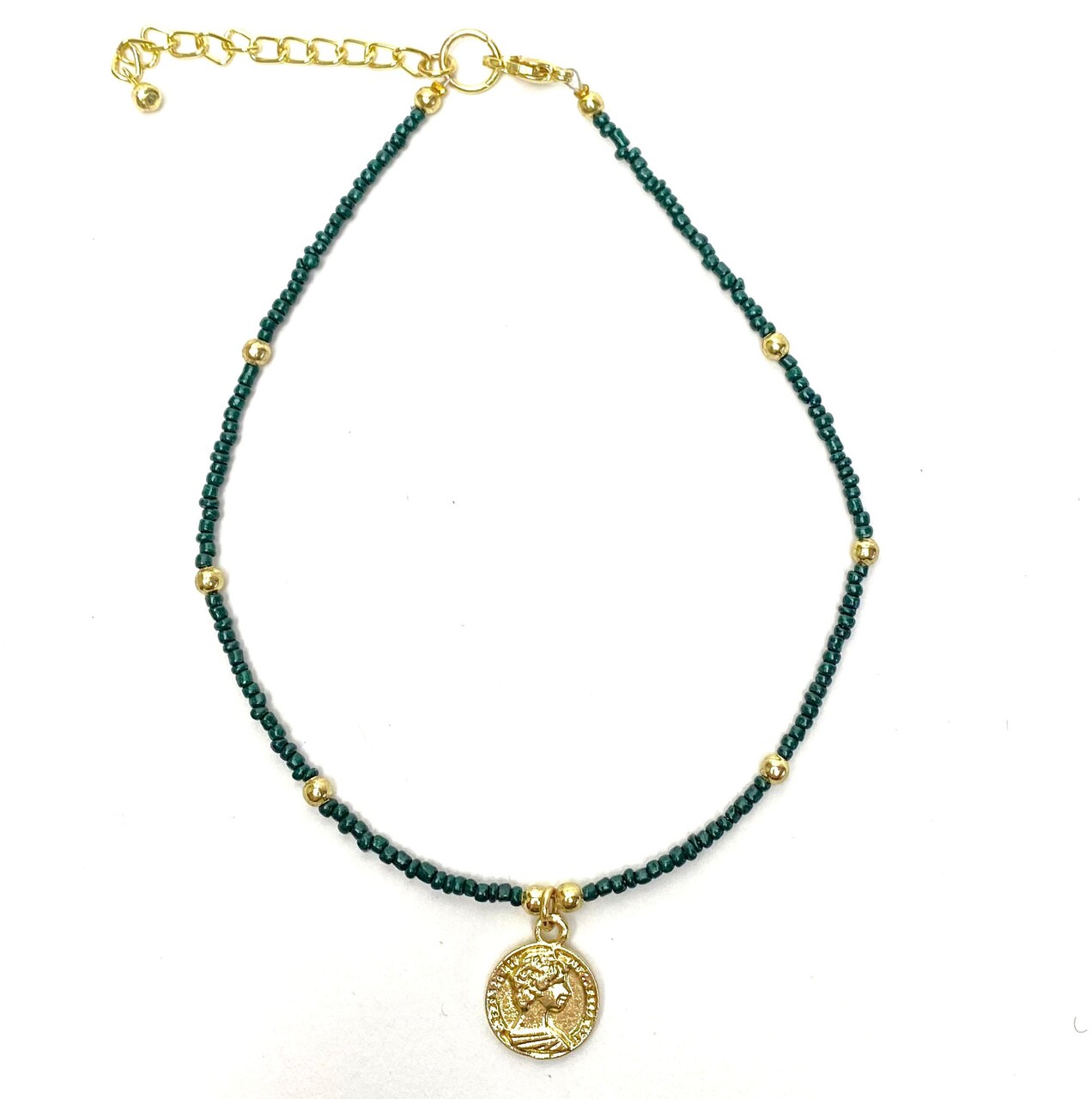 Adjustable Dark Green Glass Bead Choker with Brass Coin Pendant Handmade Jewelry for Women